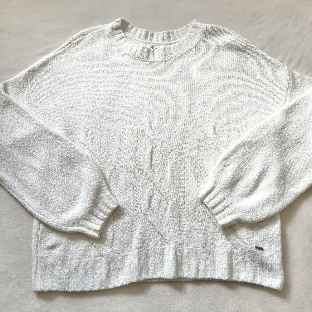 Women’s L Large White Hollister Cable Knit Pullover Crew Neck Sweater